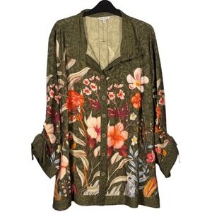 John Mark Size 3X Olive Green Floral Button Front Top Blouse NWT